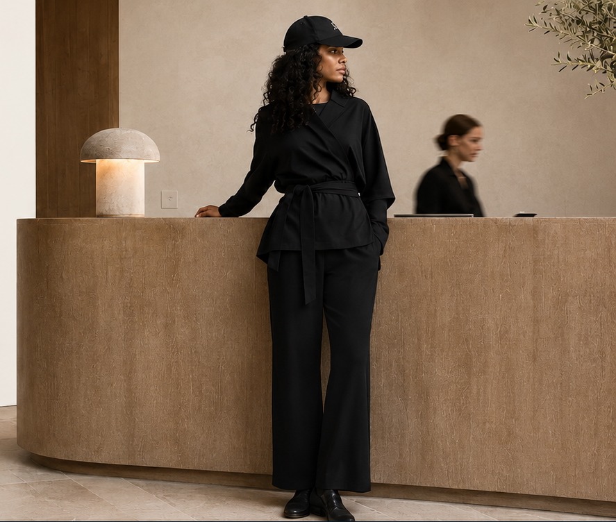 AWAN black wrap set worn at a hotel reception desk