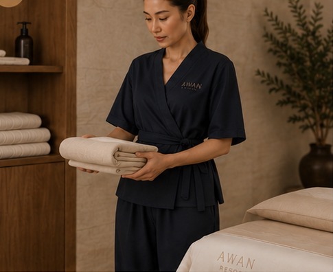 Spa therapist in a navy AWAN uniform
