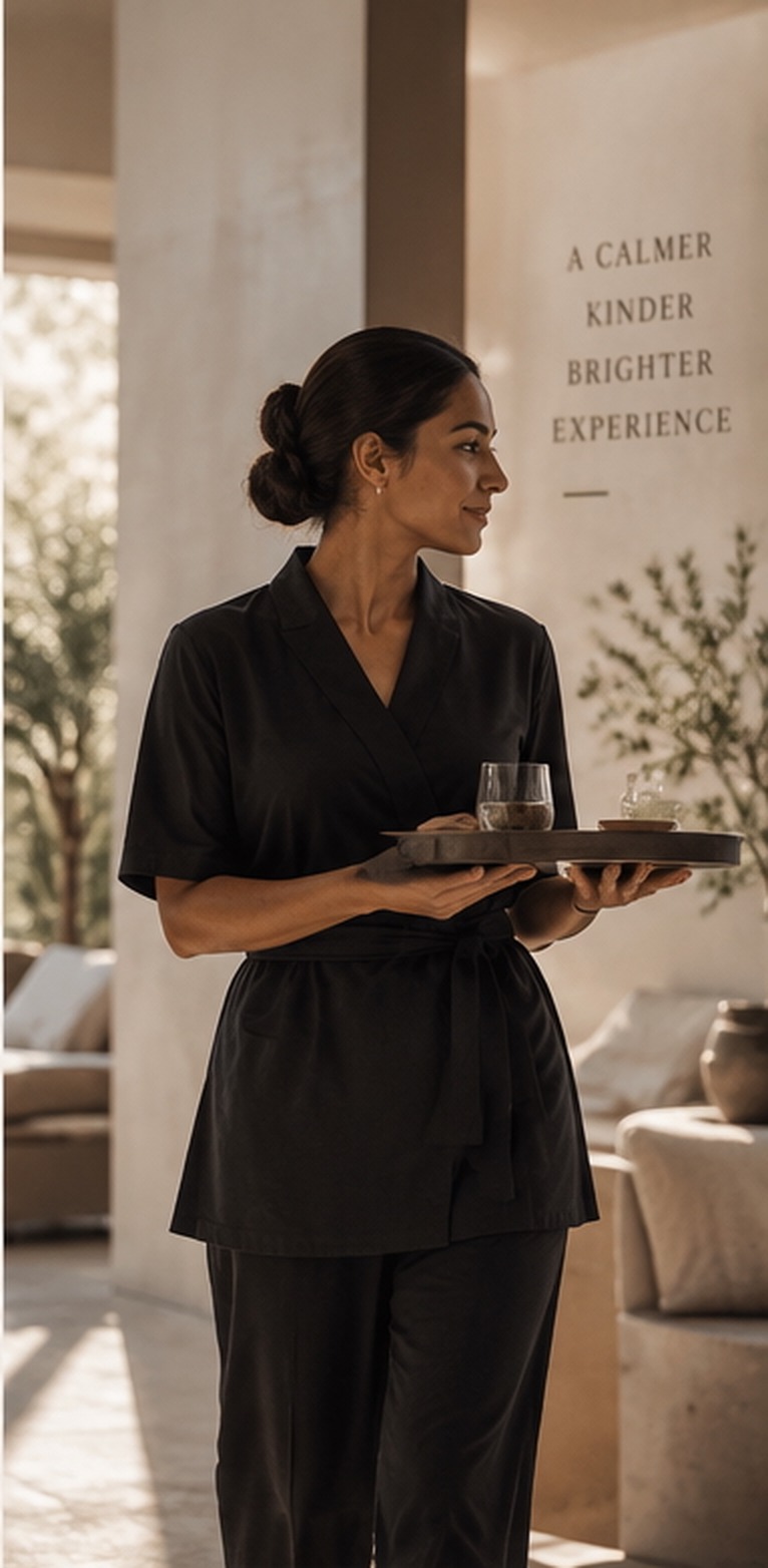 Hospitality professional in a black AWAN uniform carrying a tray