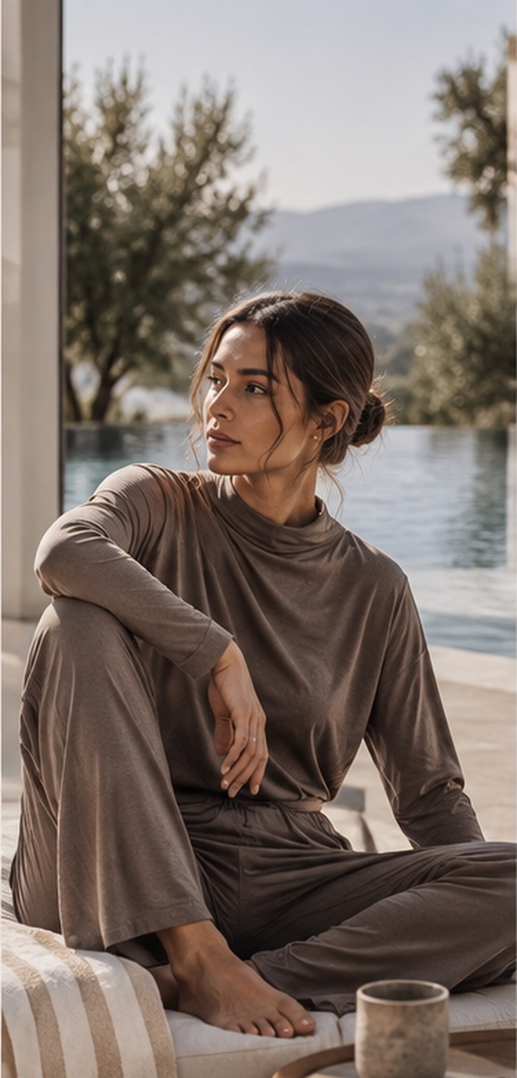 Guest in soft taupe AWAN wellness pieces resting beside a pool