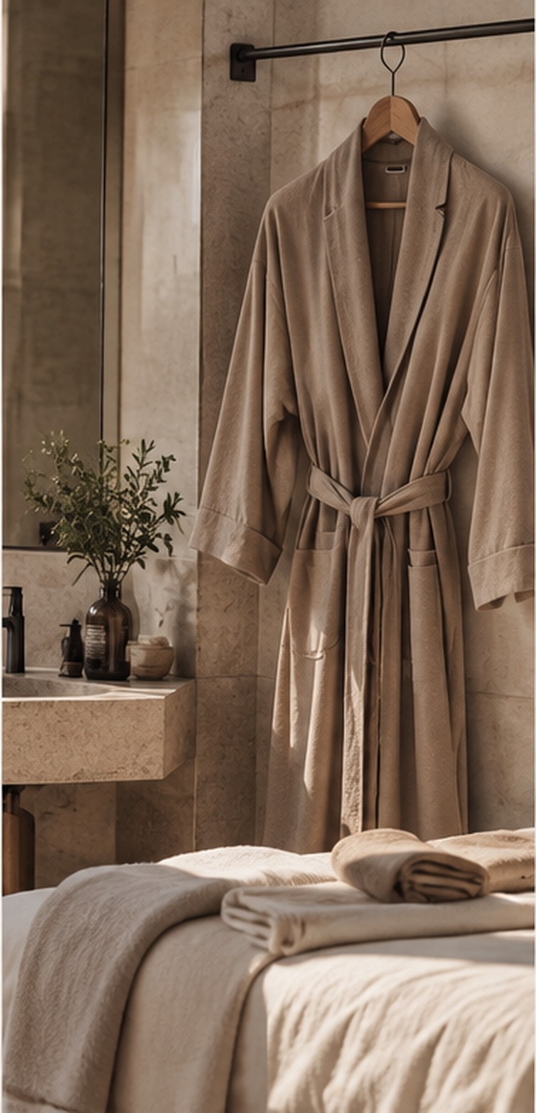 Taupe AWAN robe hanging in a calm stone hotel bathroom