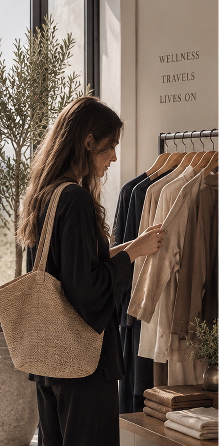 Guest browsing a curated AWAN apparel rail in a sunlit hotel space