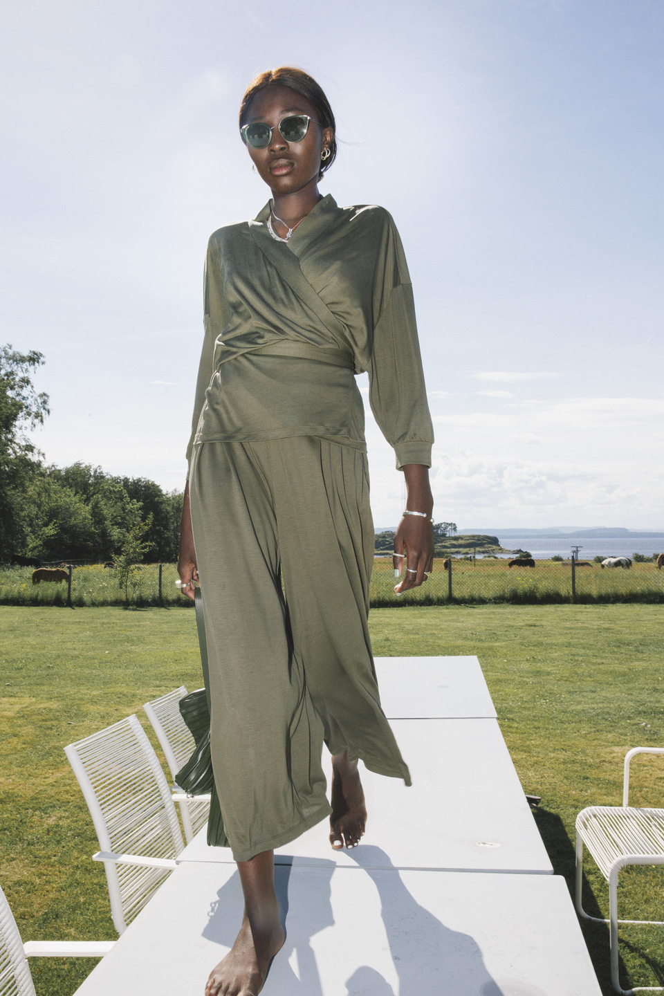AWAN olive wrap set walking in coastal garden light