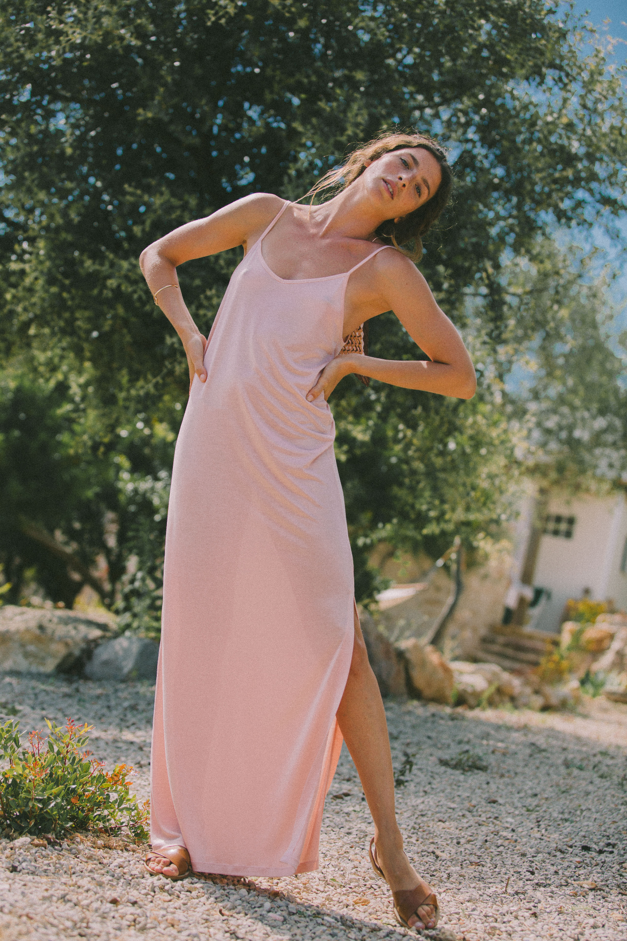 AWAN blush slip dress, garden light
